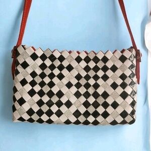 Nahui Ollin Recycled Candy Wrapper Shoulder Bag Black White Red Eco HandmadeHan